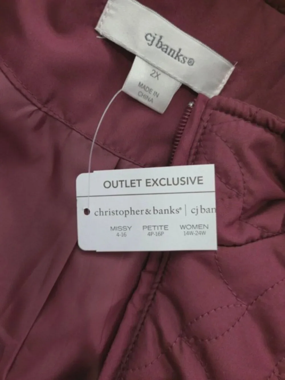 NWT CJ Banks Quilted Maroon Lightweight Puffer Vest 2X